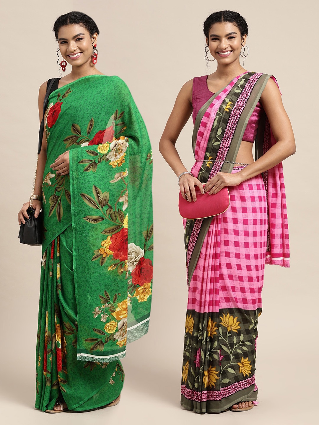 

KALINI Pink & Green Set of 2 Checked Pure Georgette Saree