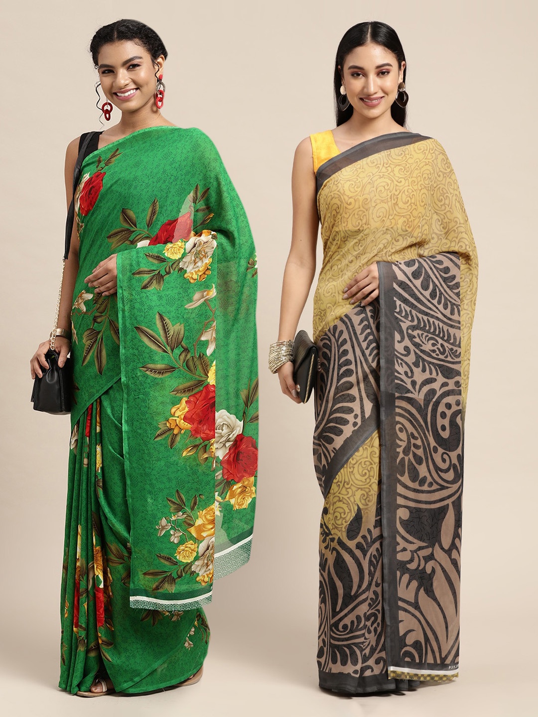 

KALINI Green & Beige Floral Printed Poly-Georgette Saree Pack Of 2