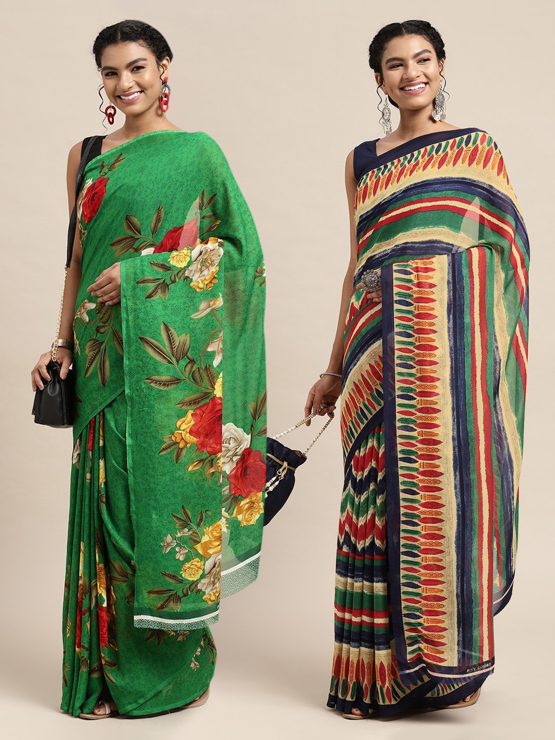 

KALINI Pack Of 2 Green & Red Floral Printed Saree