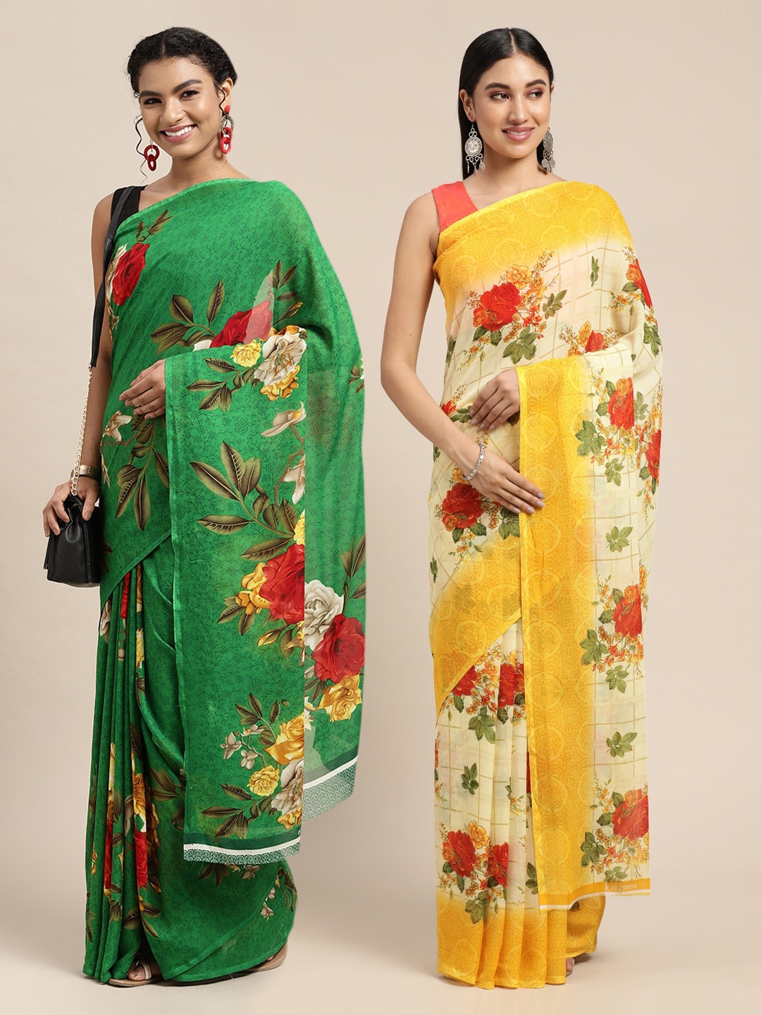 

KALINI Green & Yellow Floral Saree