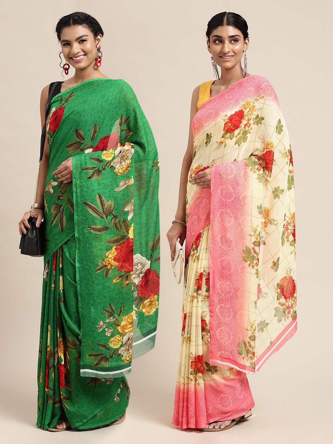 

KALINI Pack of 2 Green & Cream-Coloured Floral Sarees