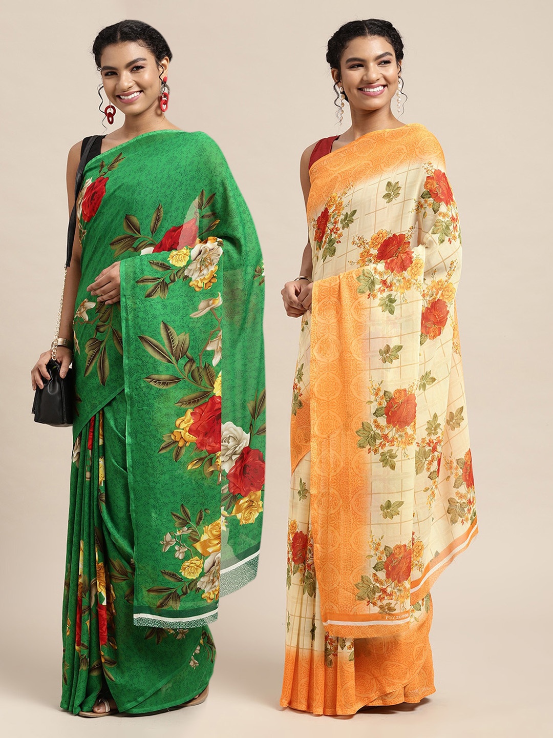 

KALINI Green & Red Set Of 2 Floral Saree