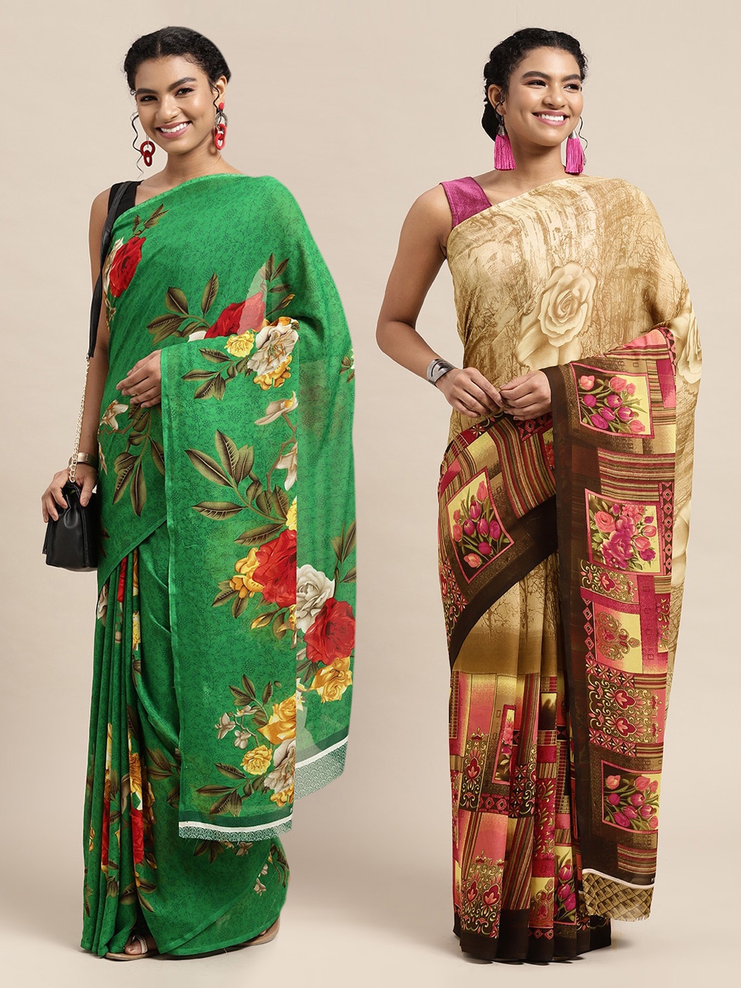 

KALINI Green & Beige Floral Printed Poly-Georgette Saree Pack Of 2