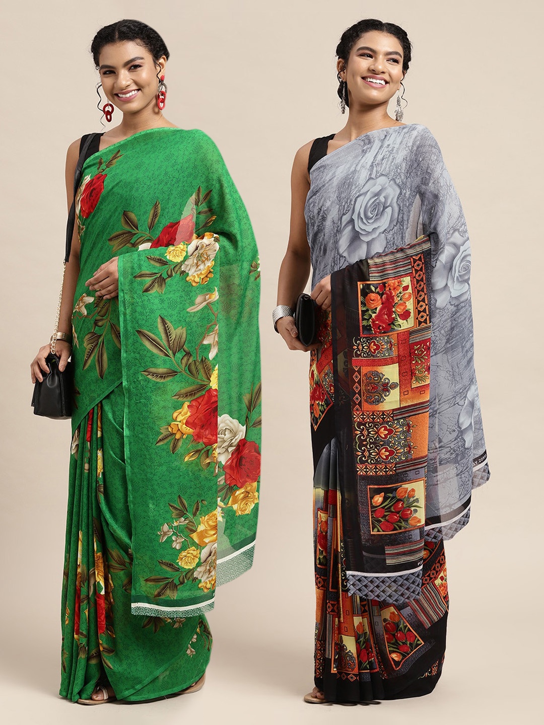 

KALINI Pack of 2 Grey & Green Floral Sarees