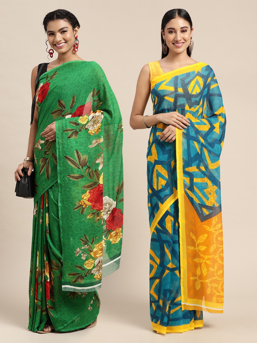 

KALINI Pack Of 2 Green & Red Floral Printed Saree