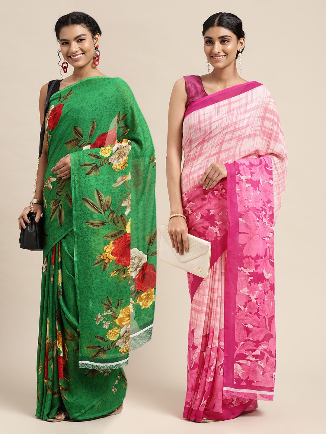 

KALINI Pack of 2 Green & Pink Floral Printed Sarees