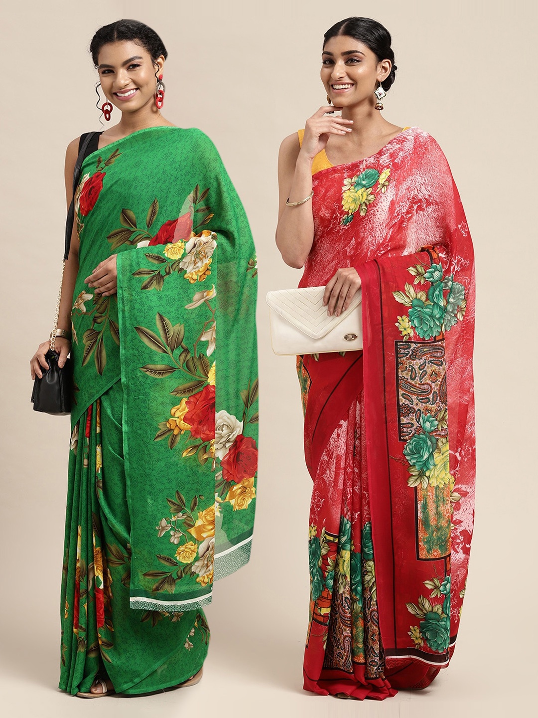 

KALINI Pack Of 2 Green & Red Floral Saree