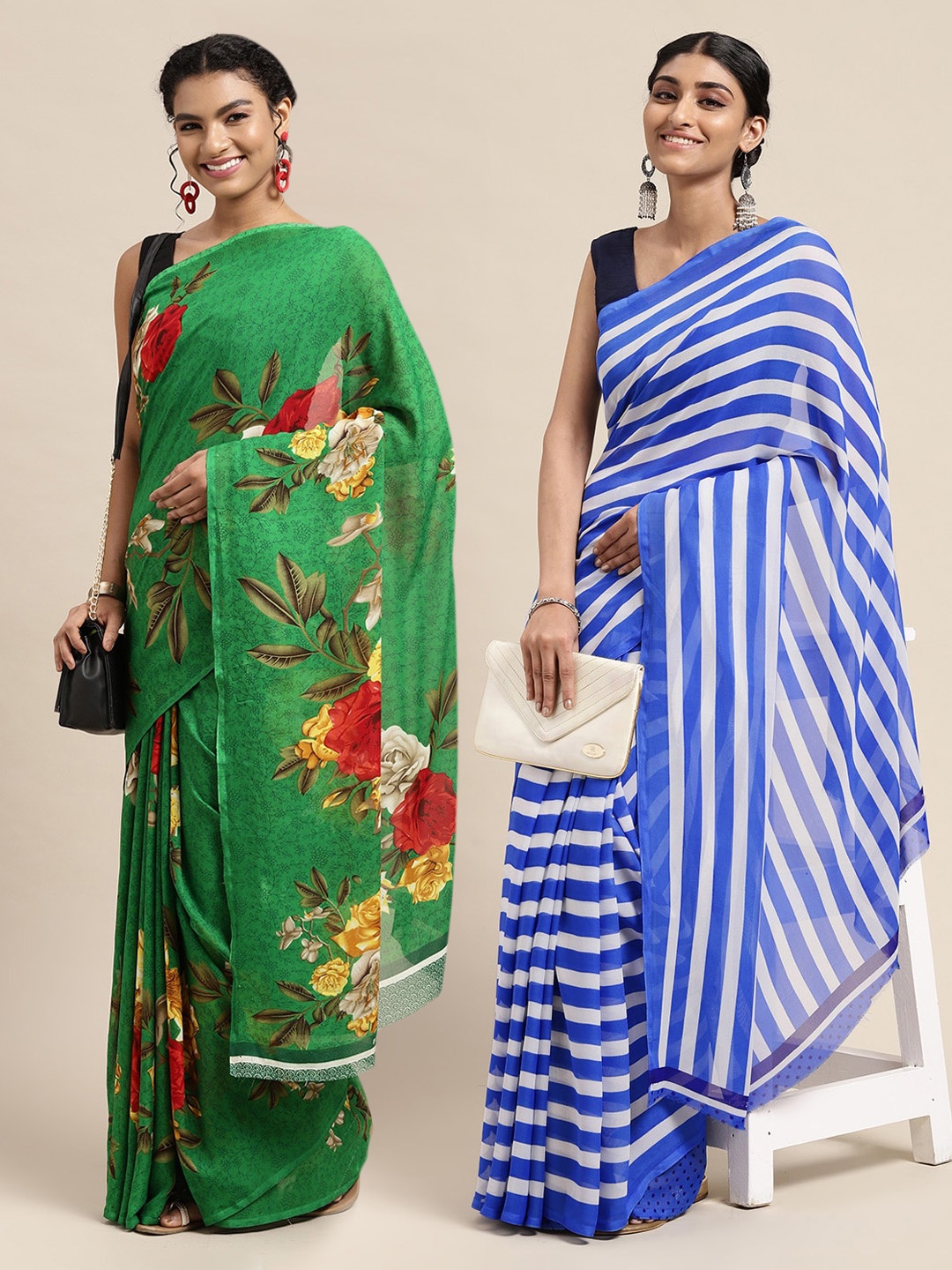 

KALINI Pack of 2 Green & Blue Striped Sarees