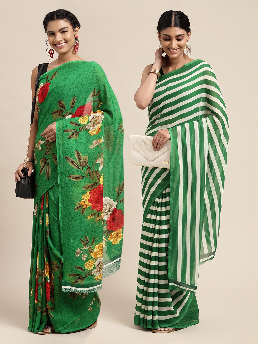 

KALINI Green & Red Set Of 2 Floral Saree