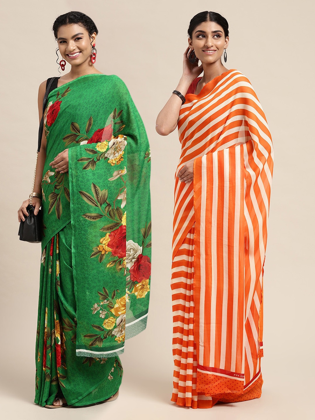 

KALINI Green & Red Set of 2 Floral Printed Pure Georgette Saree