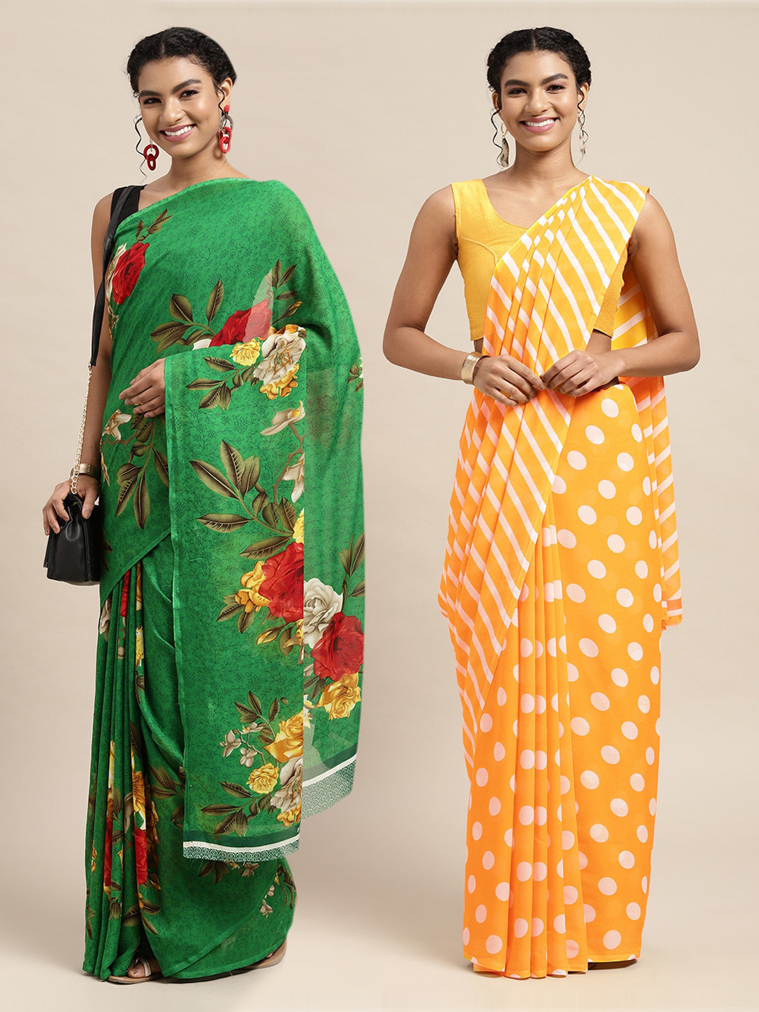 

KALINI Yellow & Green Printed Poly-Georgette Saree Pack Of 2
