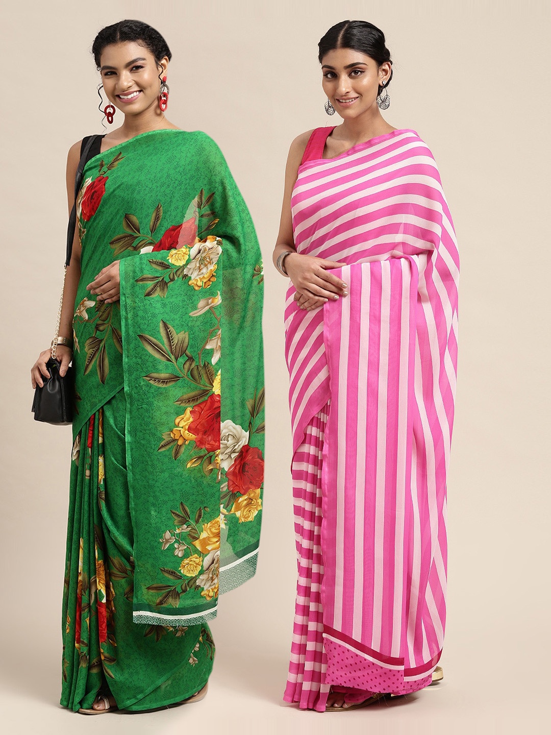 

KALINI Pack Of 2 Green & Pink Floral Printed Saree