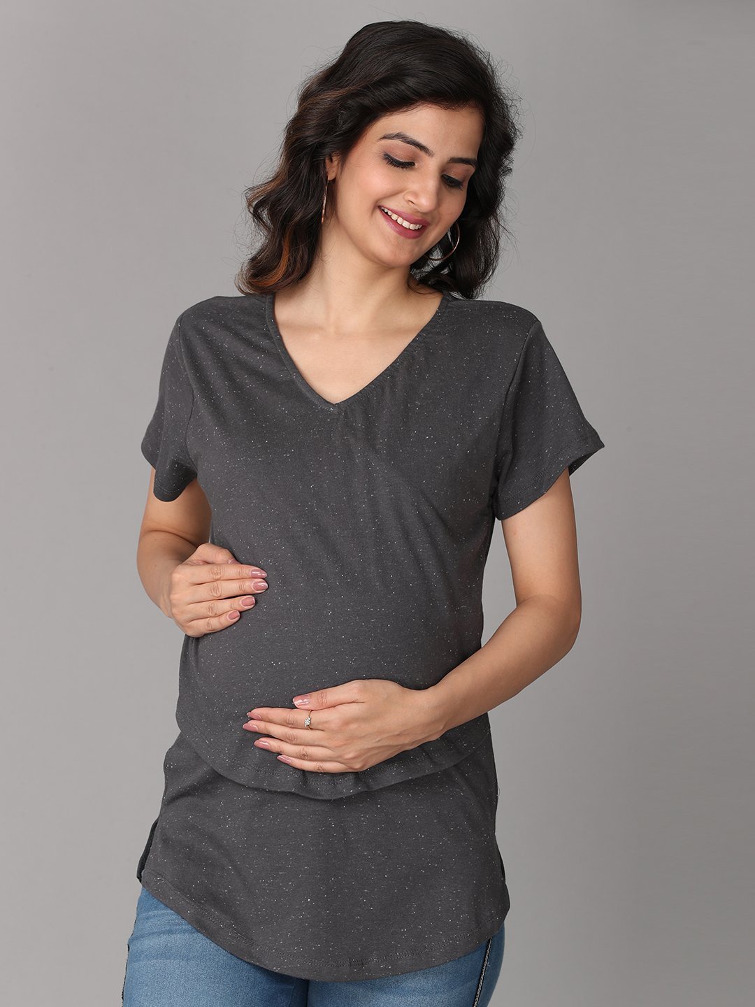 

The Mom Store Women Grey Melange Solid Longline Top