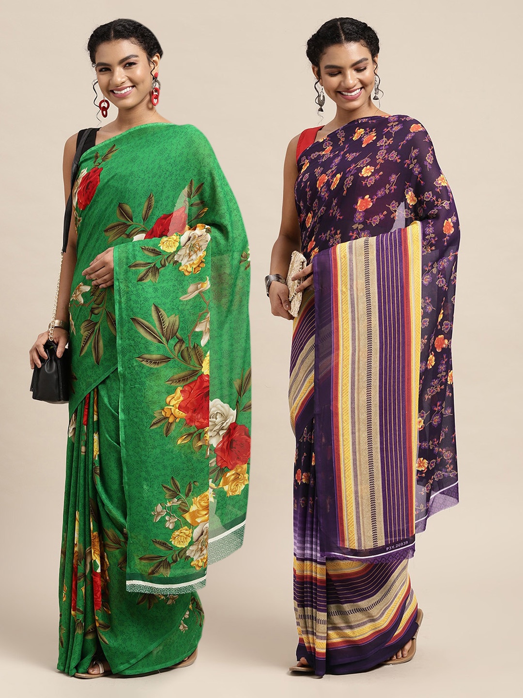 

KALINI Pack Of 2 Green & Violet Floral Saree