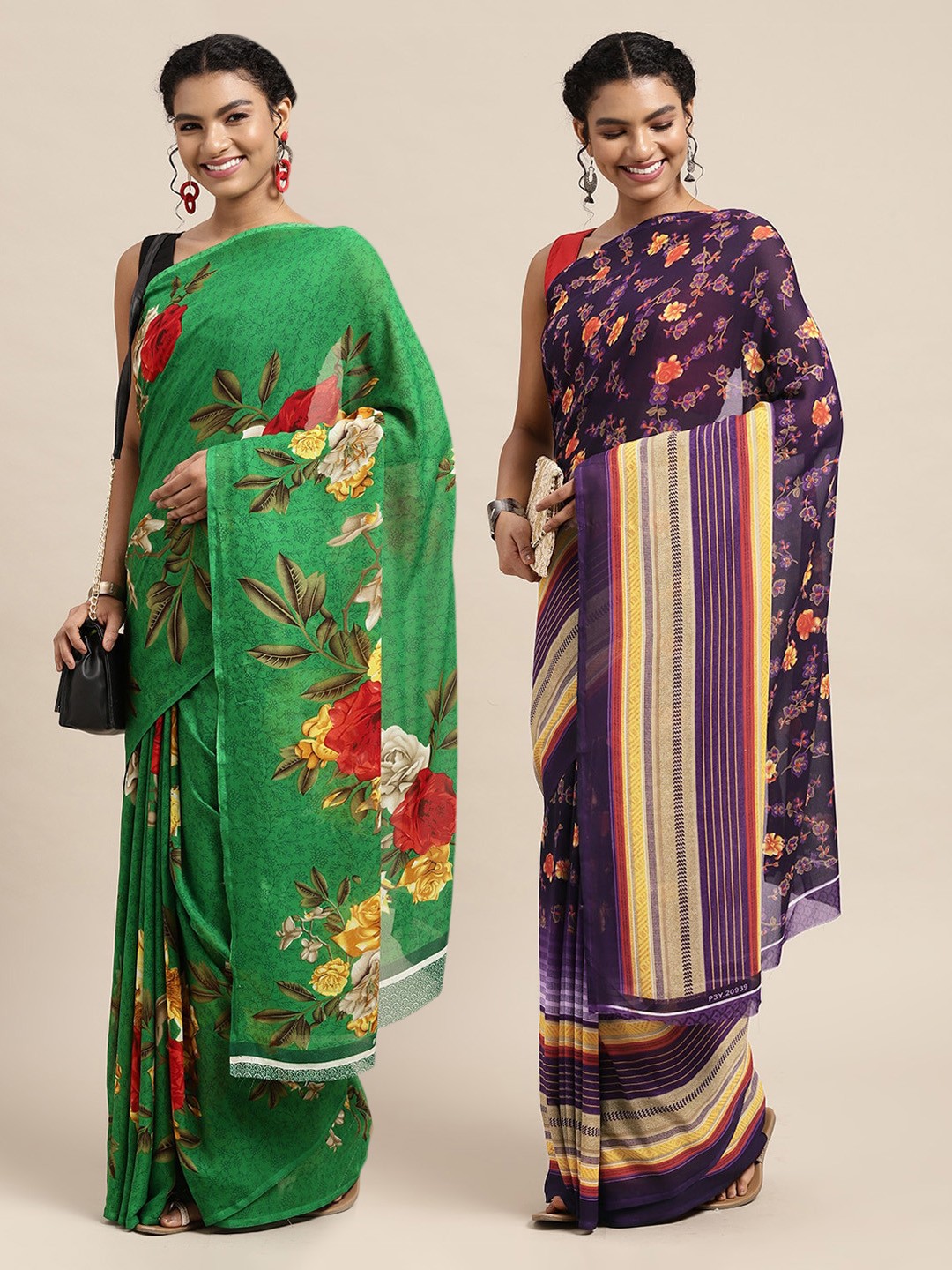 

KALINI Pack of 2 Purple & Green Floral Sarees