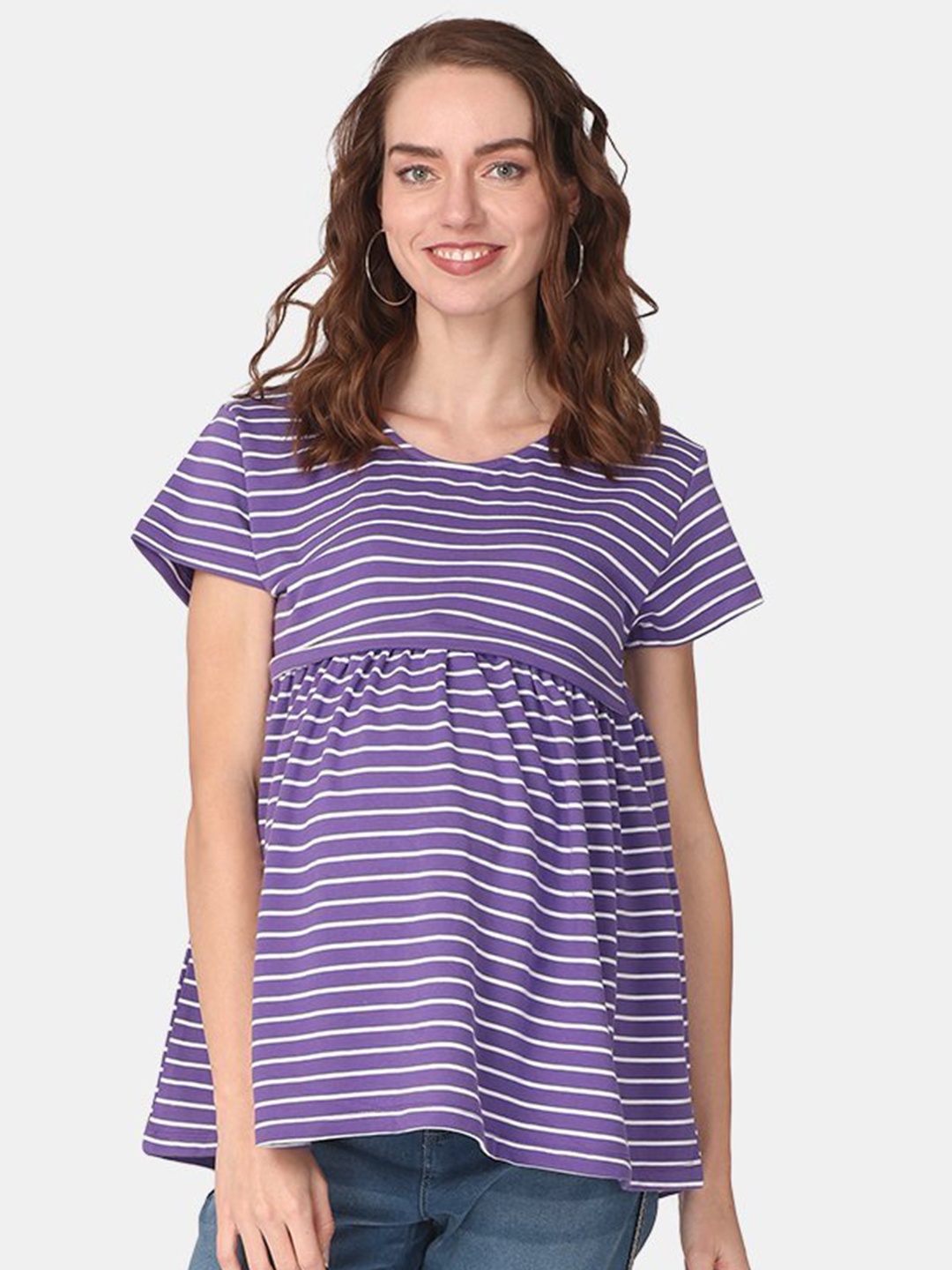 

The Mom Store Purple & White Striped Maternity and Nursing Top