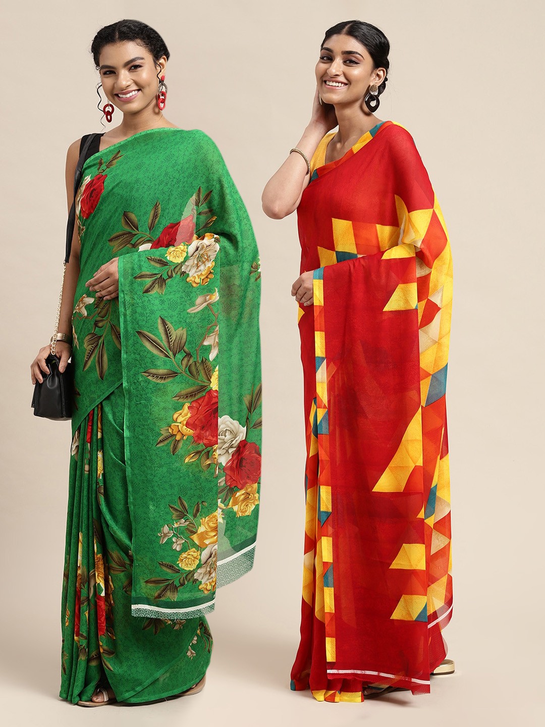 

KALINI Green & Red Set Of 2 Floral Saree
