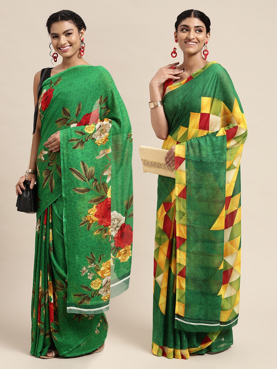 

KALINI Green Set of 2 Floral Printed Pure Georgette Saree
