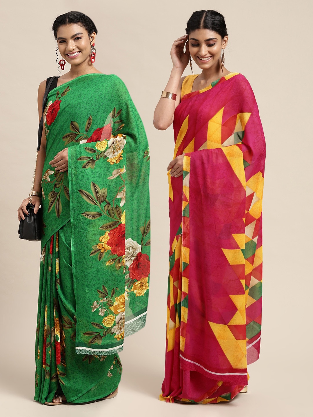 

KALINI Green & Pink Floral Printed Poly-Georgette Saree Pack Of 2