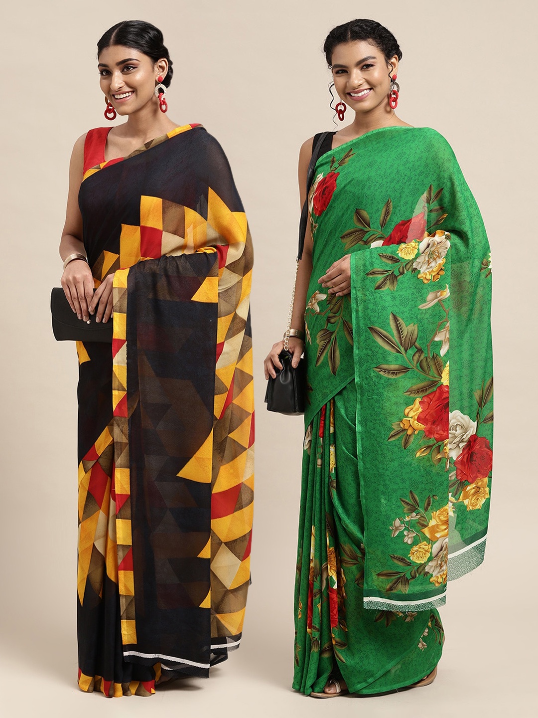 

KALINI Pack of 2 Green & Yellow Floral Sarees