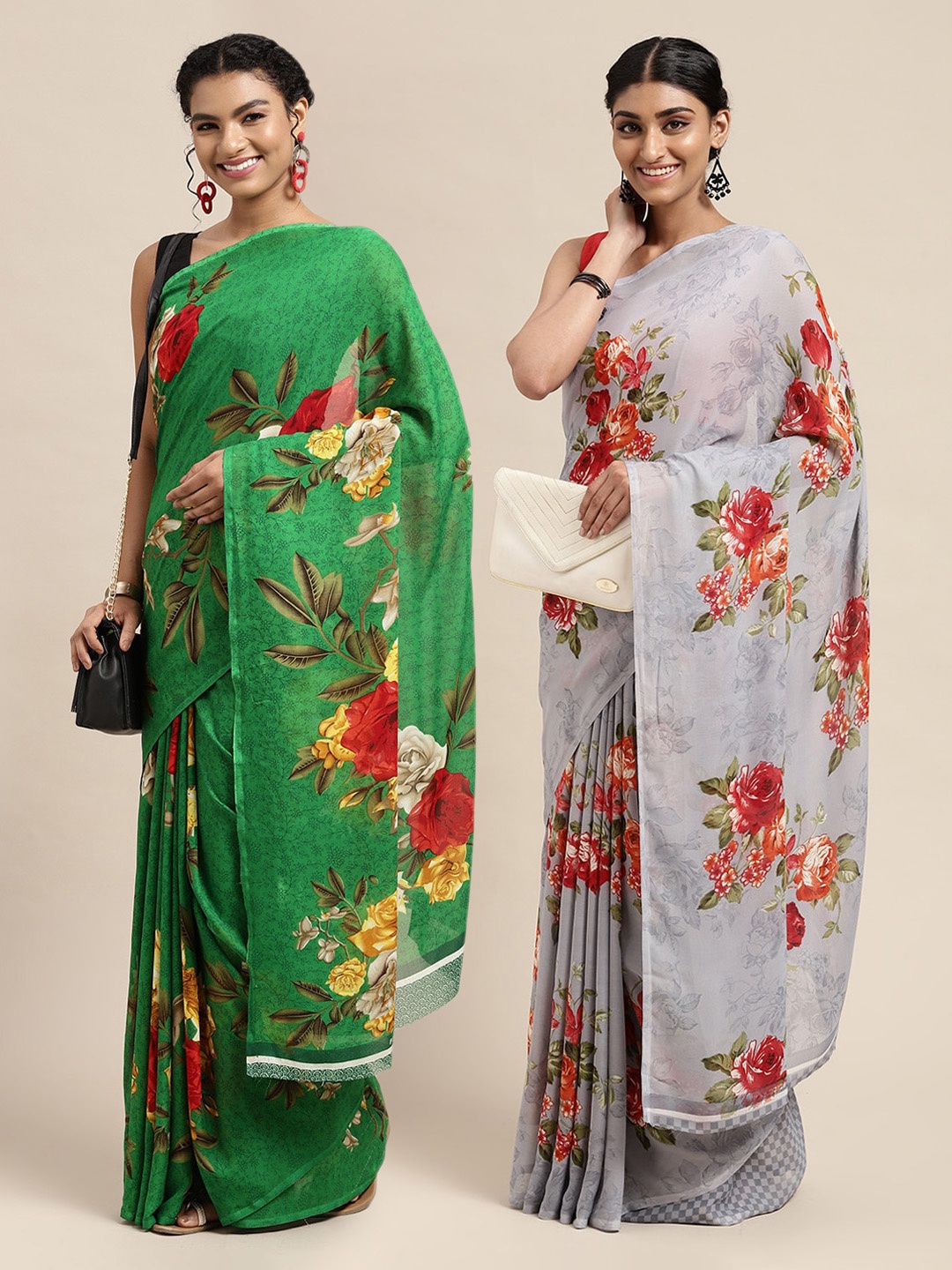 

KALINI Pack Of 2 Green & Grey Floral Printed Saree
