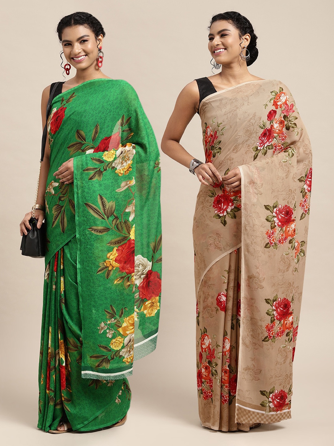 

KALINI Pack Of 2 Green & Beige Floral Saree