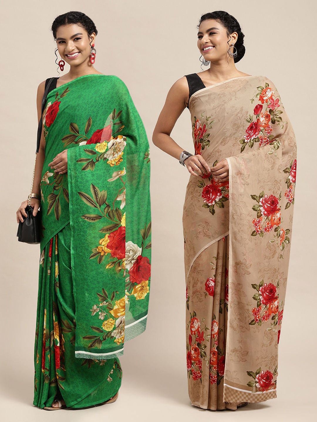 

KALINI Pack of 2 Beige & Green Floral Sarees