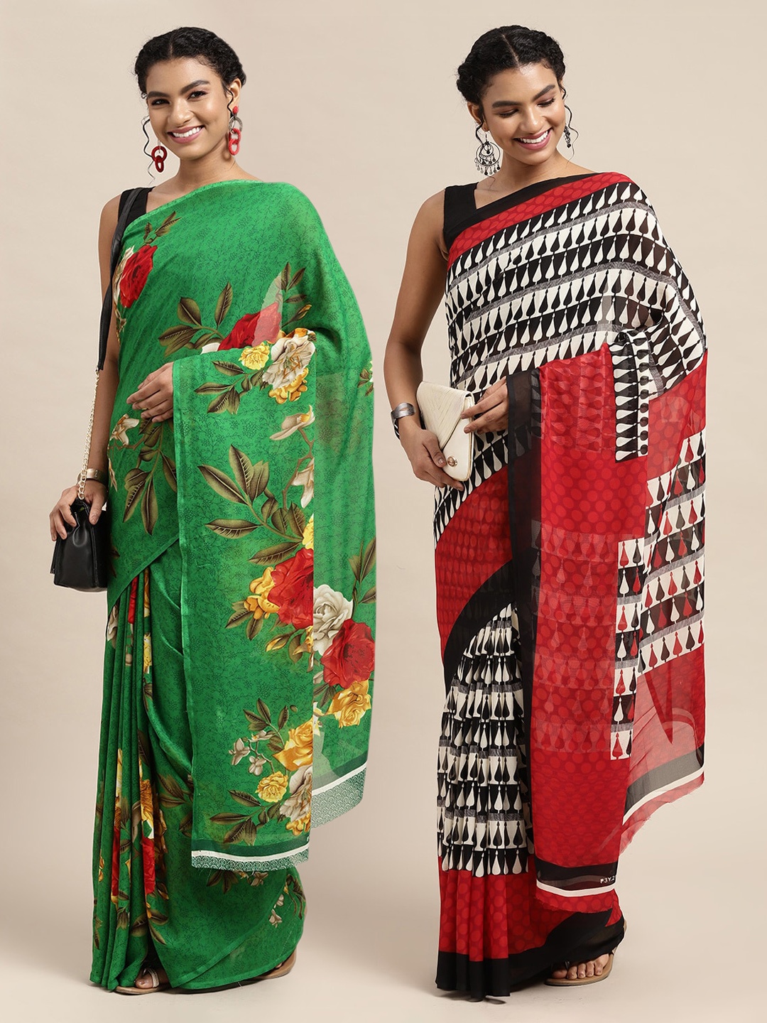 

KALINI Green & Red Set of 2 Floral Printed Pure Georgette Saree