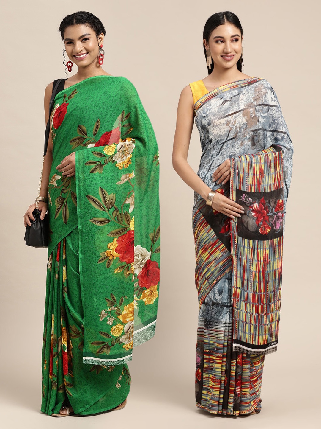 

KALINI Green & Grey Floral Printed Poly-Georgette Saree Pack Of 2