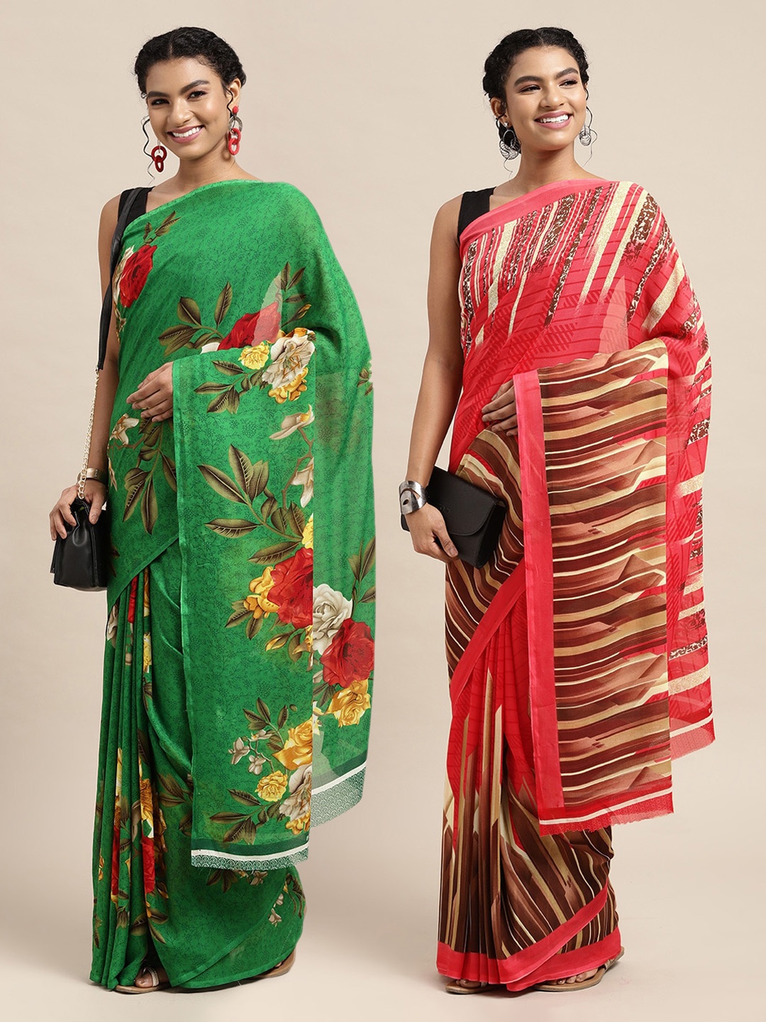 

KALINI Pack of 2 Green & Red Floral Sarees