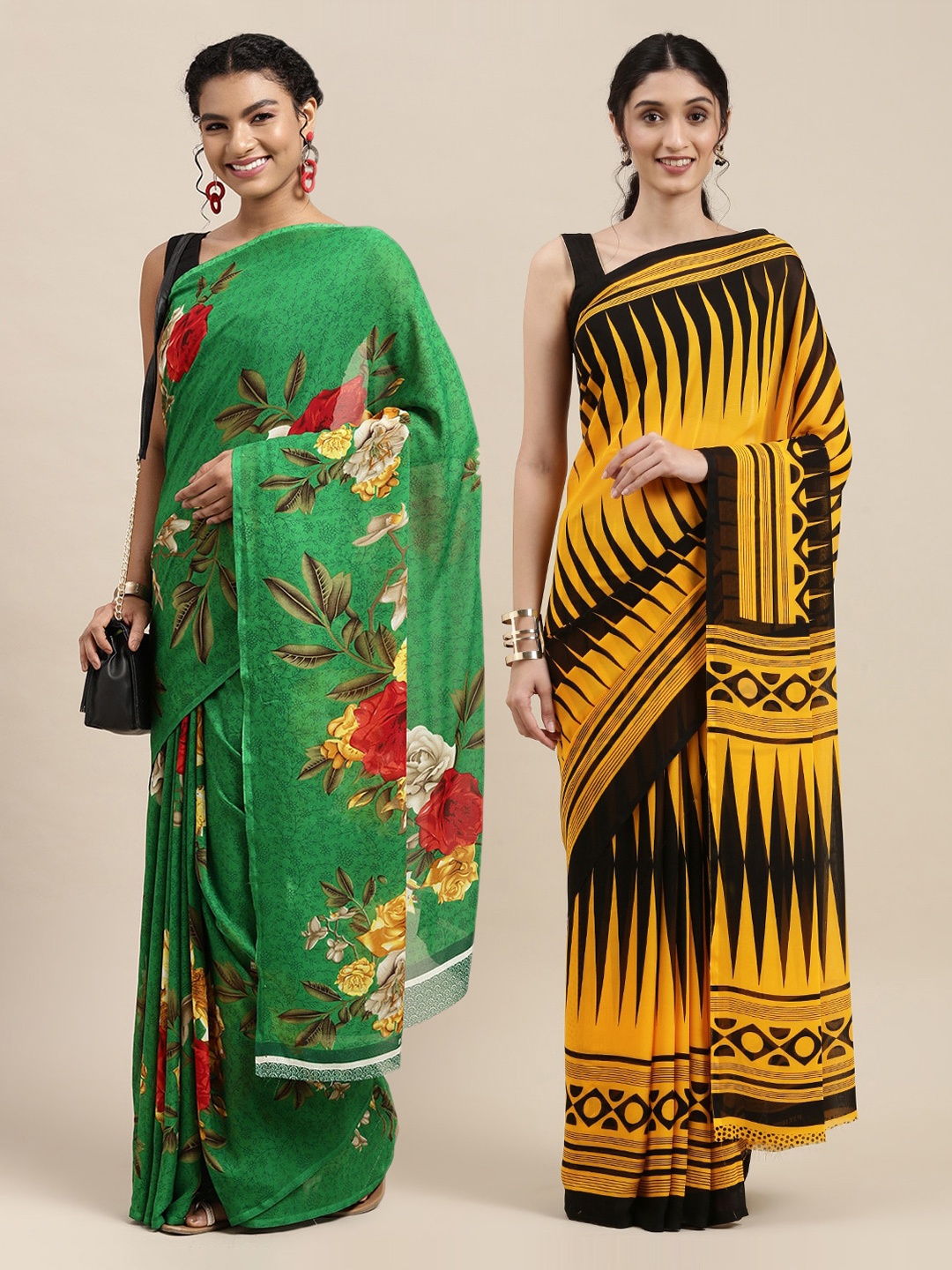 

KALINI Pack of 2 Green & Yellow Printed Sarees