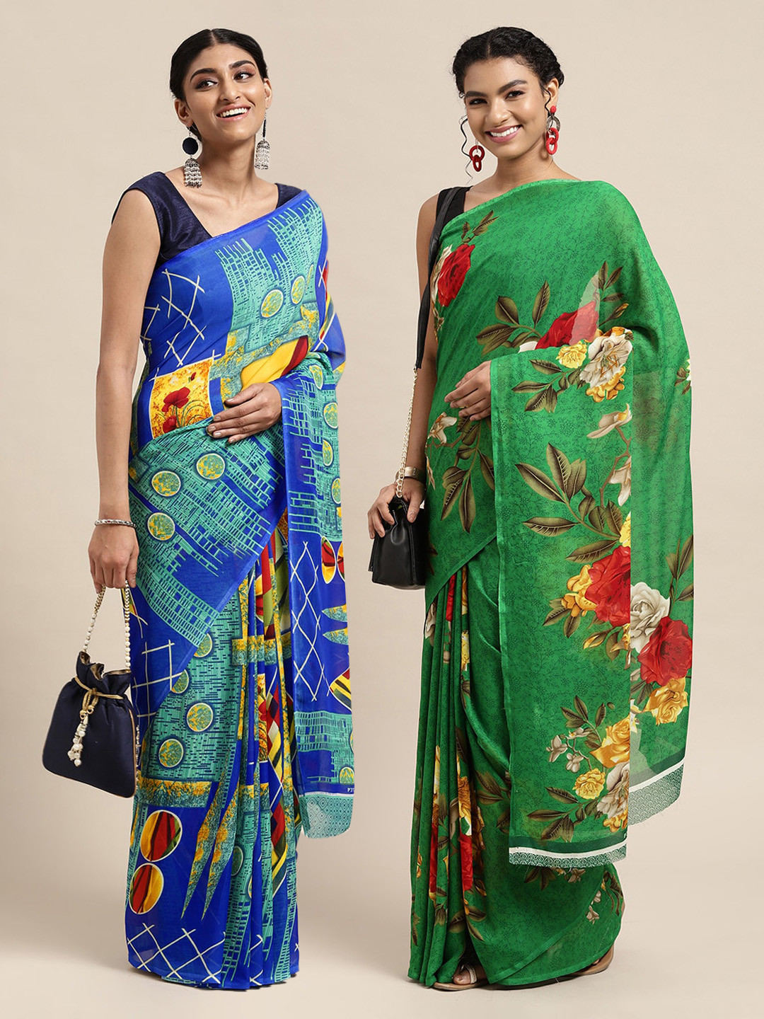 

KALINI Pack Of 2 Green & Blue Floral Saree