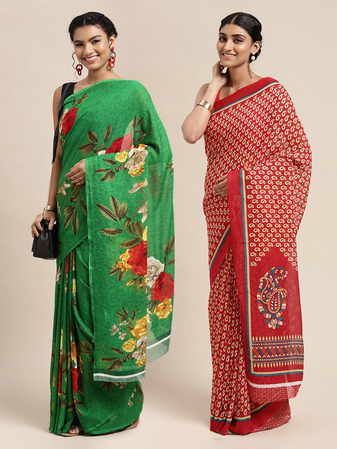 

KALINI Green & Red Set Of 2 Floral Saree