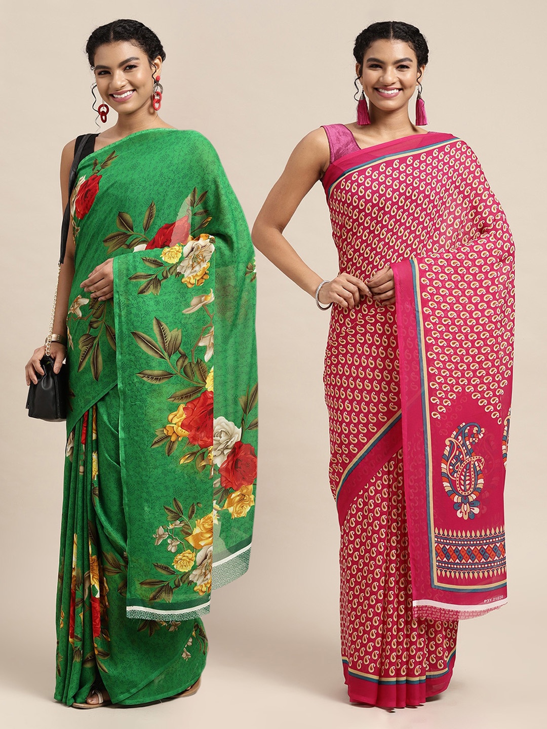 

KALINI Green & Red Set of 2 Floral Printed Pure Georgette Saree