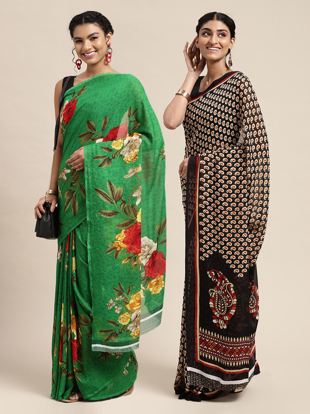 

KALINI Green & Black Floral Printed Poly-Georgette Saree Pack Of 2
