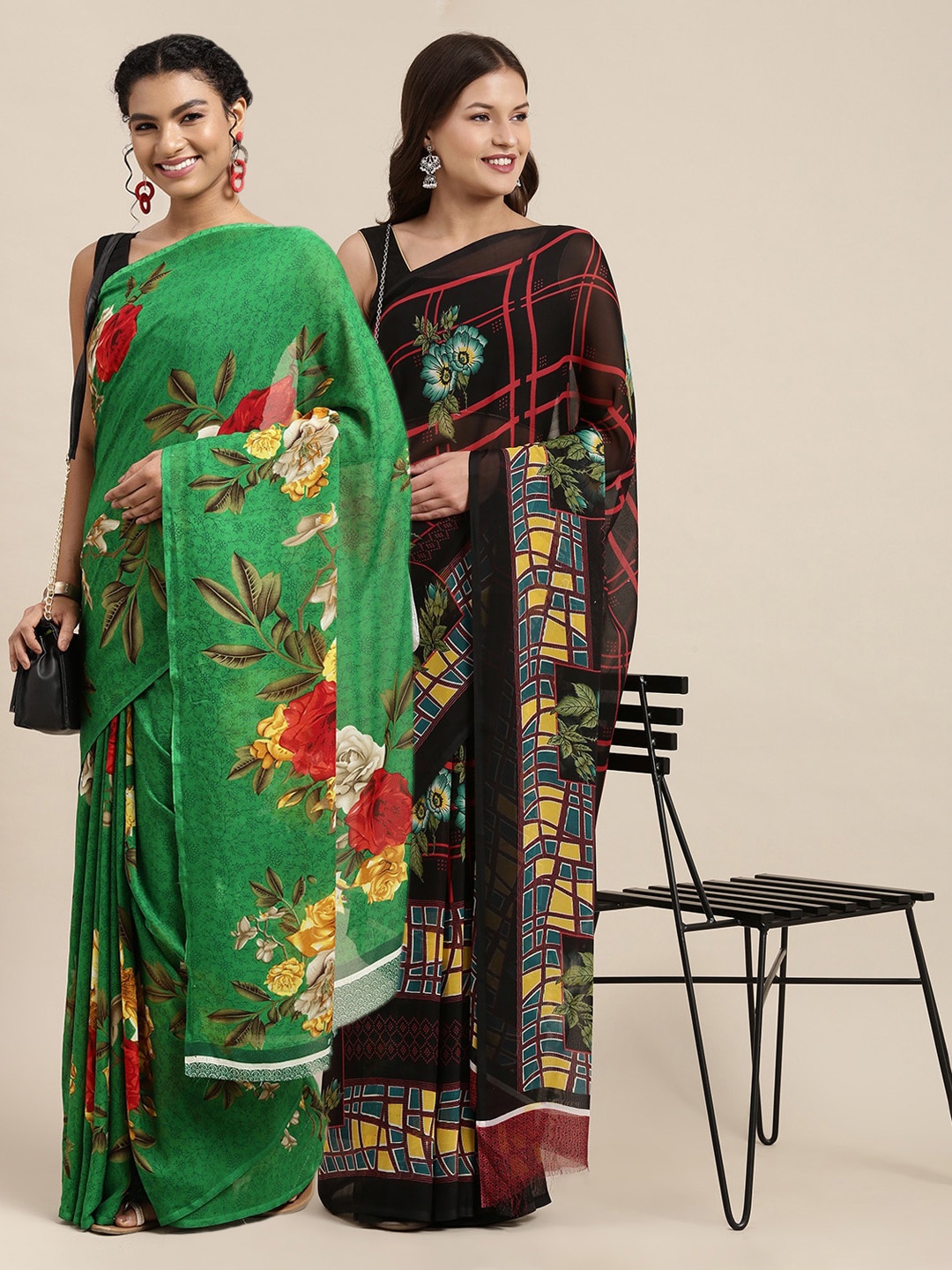 

KALINI Pack Of 2 Green & Red Floral Printed Saree