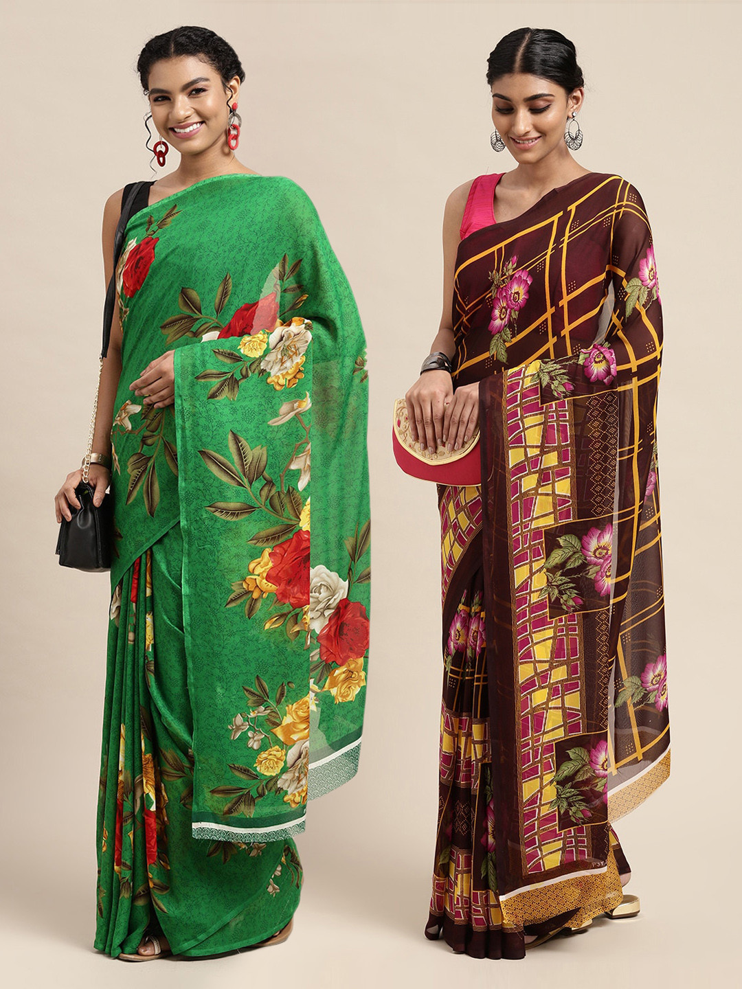 

KALINI Pack of 2 Brown & Green Floral Printed Sarees