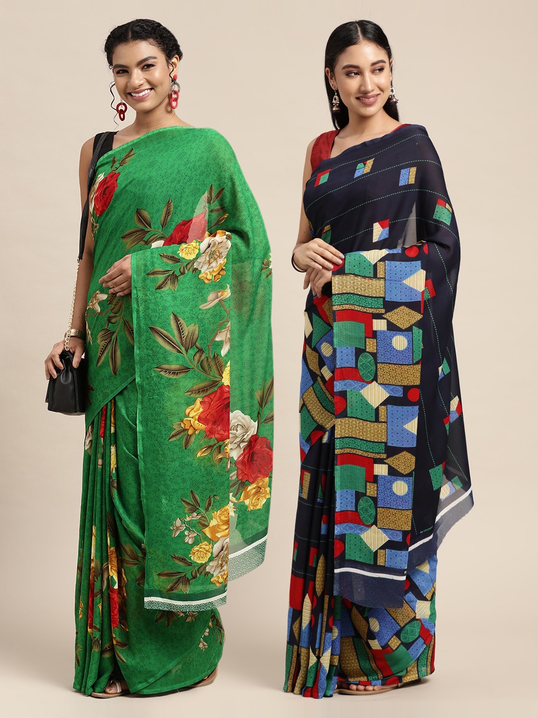 

KALINI Pack Of 2 Green & Blue Floral Saree