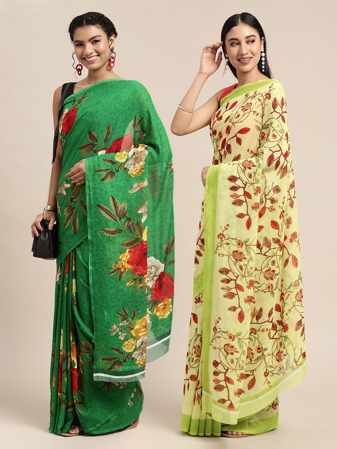 

KALINI Pack of 2 Green & Yellow Floral Sarees