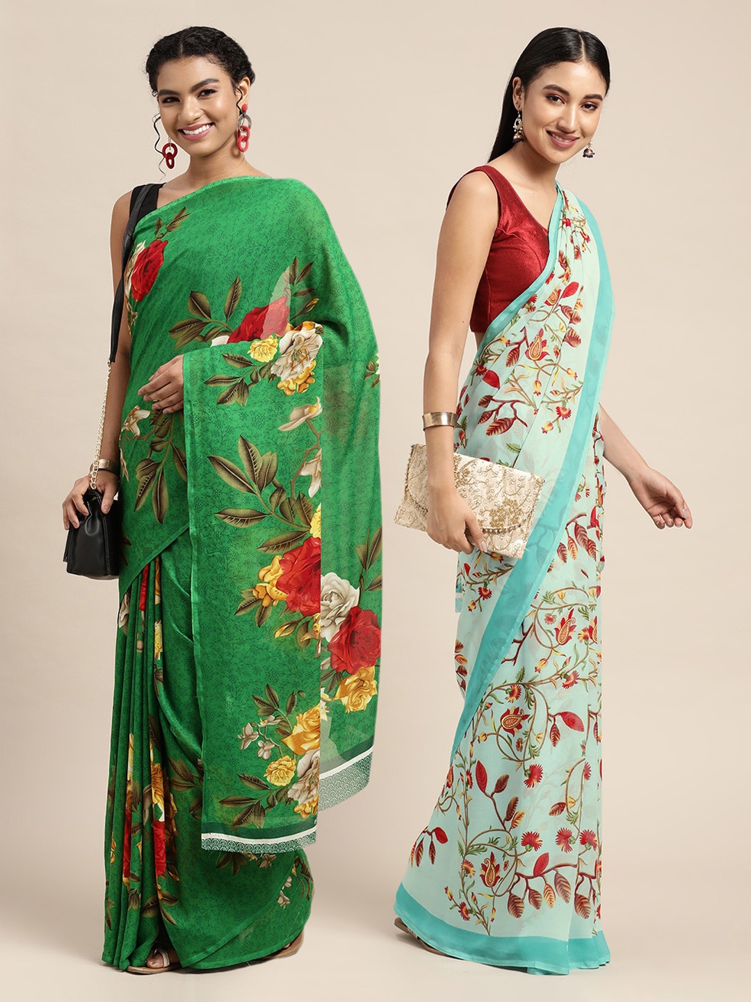 

KALINI Green & Blue Set Of 2 Floral Saree