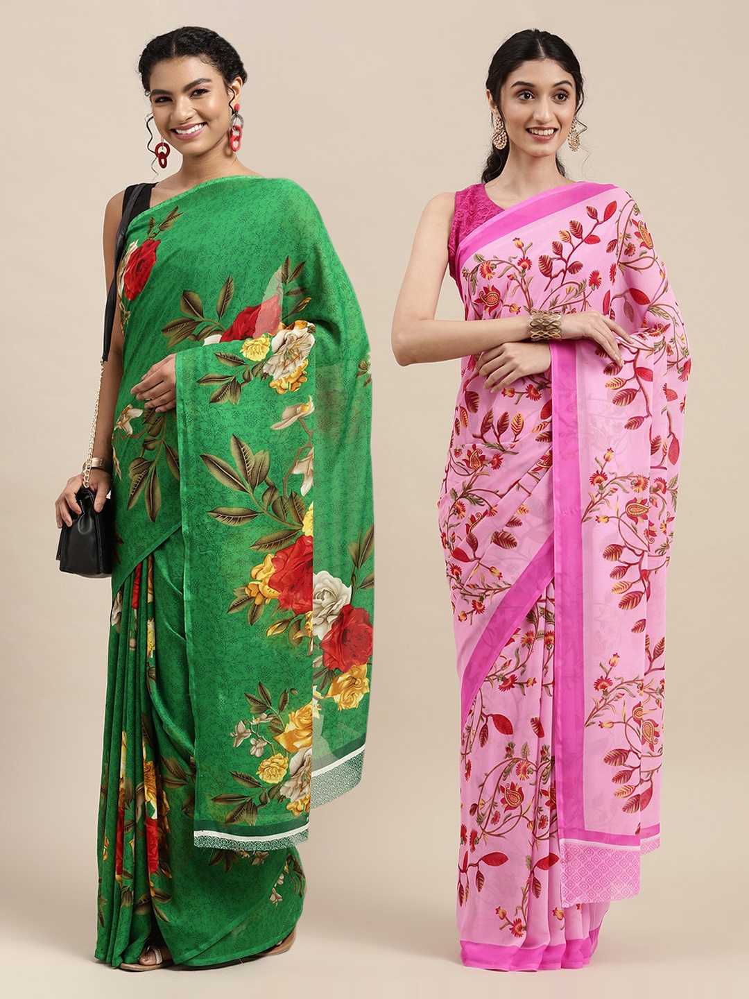 

KALINI Green & Pink Set of 2 Floral Printed Pure Georgette Saree