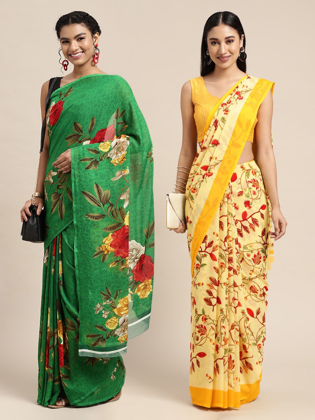 

KALINI Green & Yellow Floral Printed Poly-Georgette Saree Pack Of 2