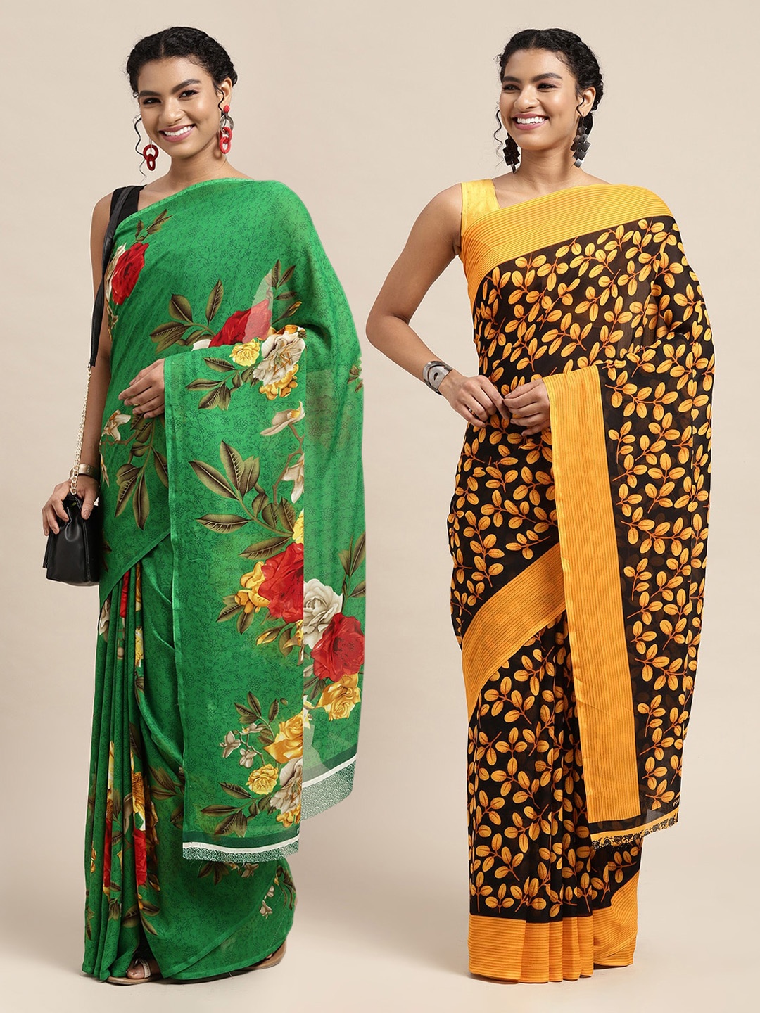 

KALINI Pack of 2 Green & Black Floral Sarees