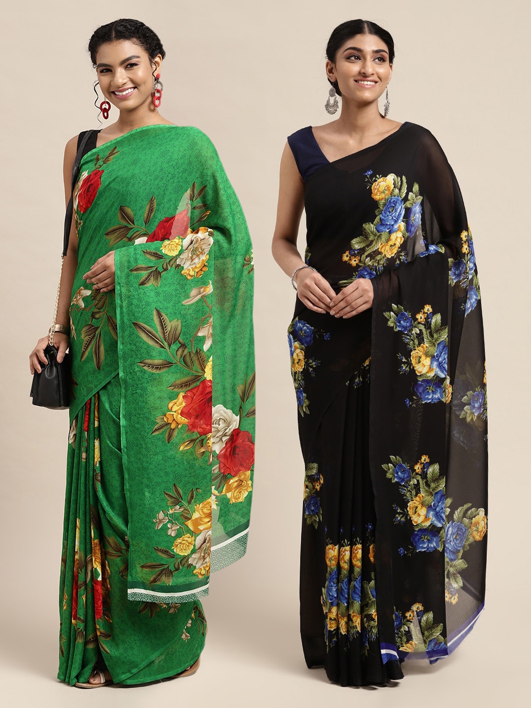 

KALINI Pack Of 2 Green & Black Floral Printed Saree