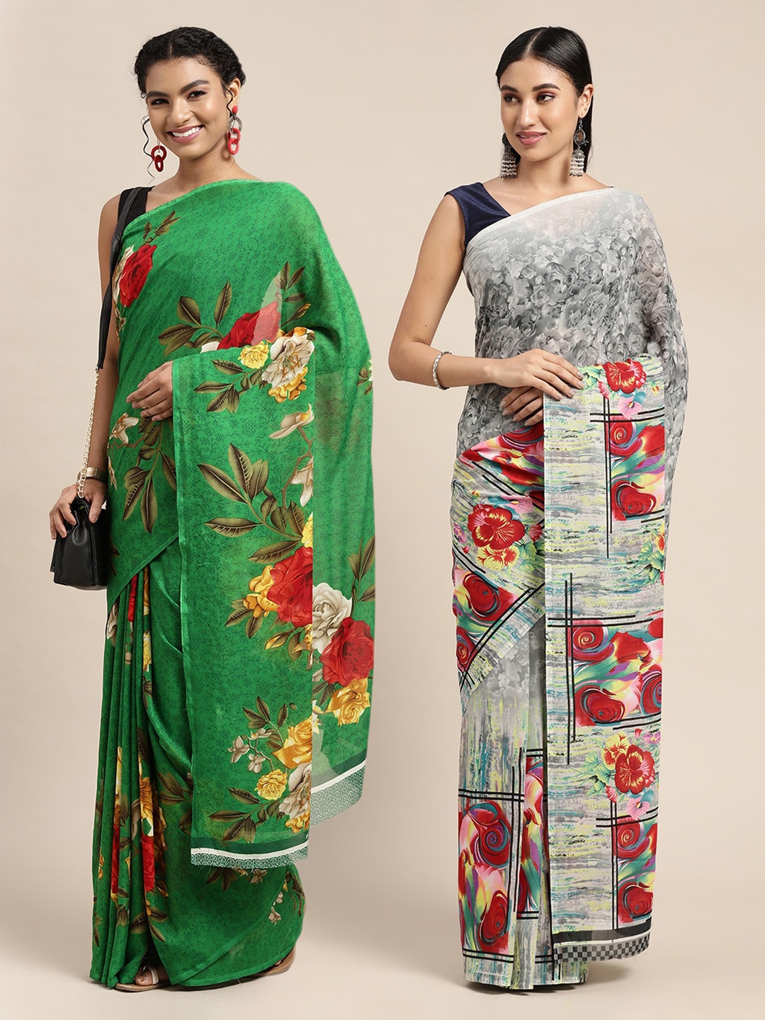 

KALINI Pack Of 2 Green & Grey Floral Saree