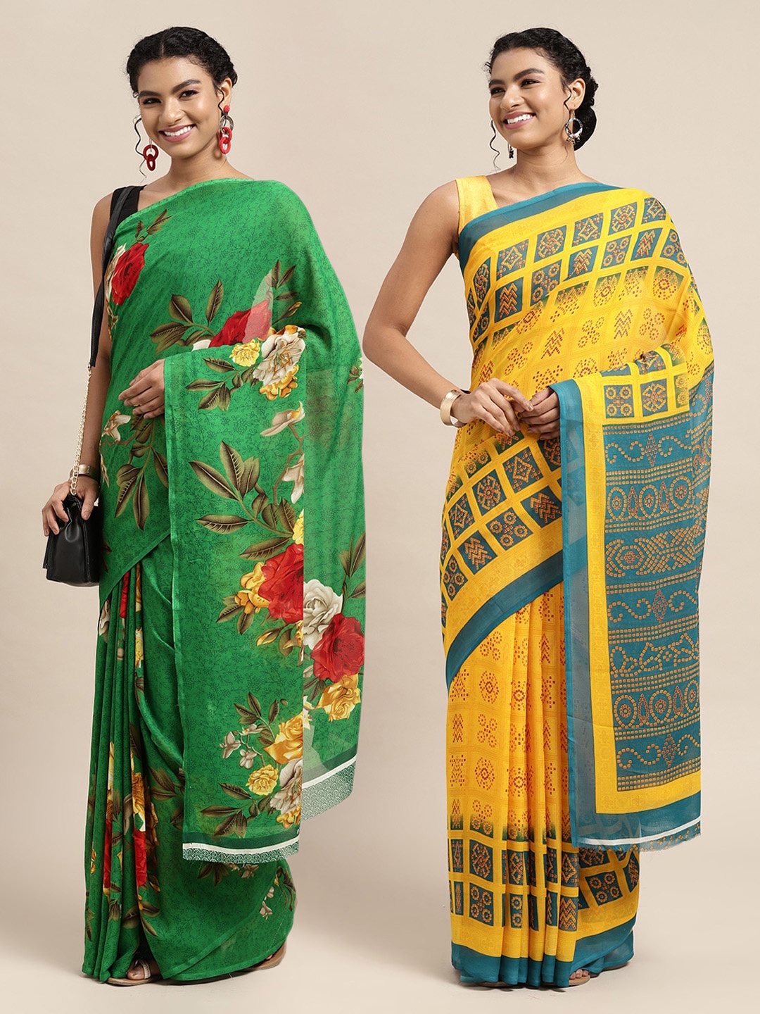 

KALINI Pack of 2 Green & Yellow Floral Sarees