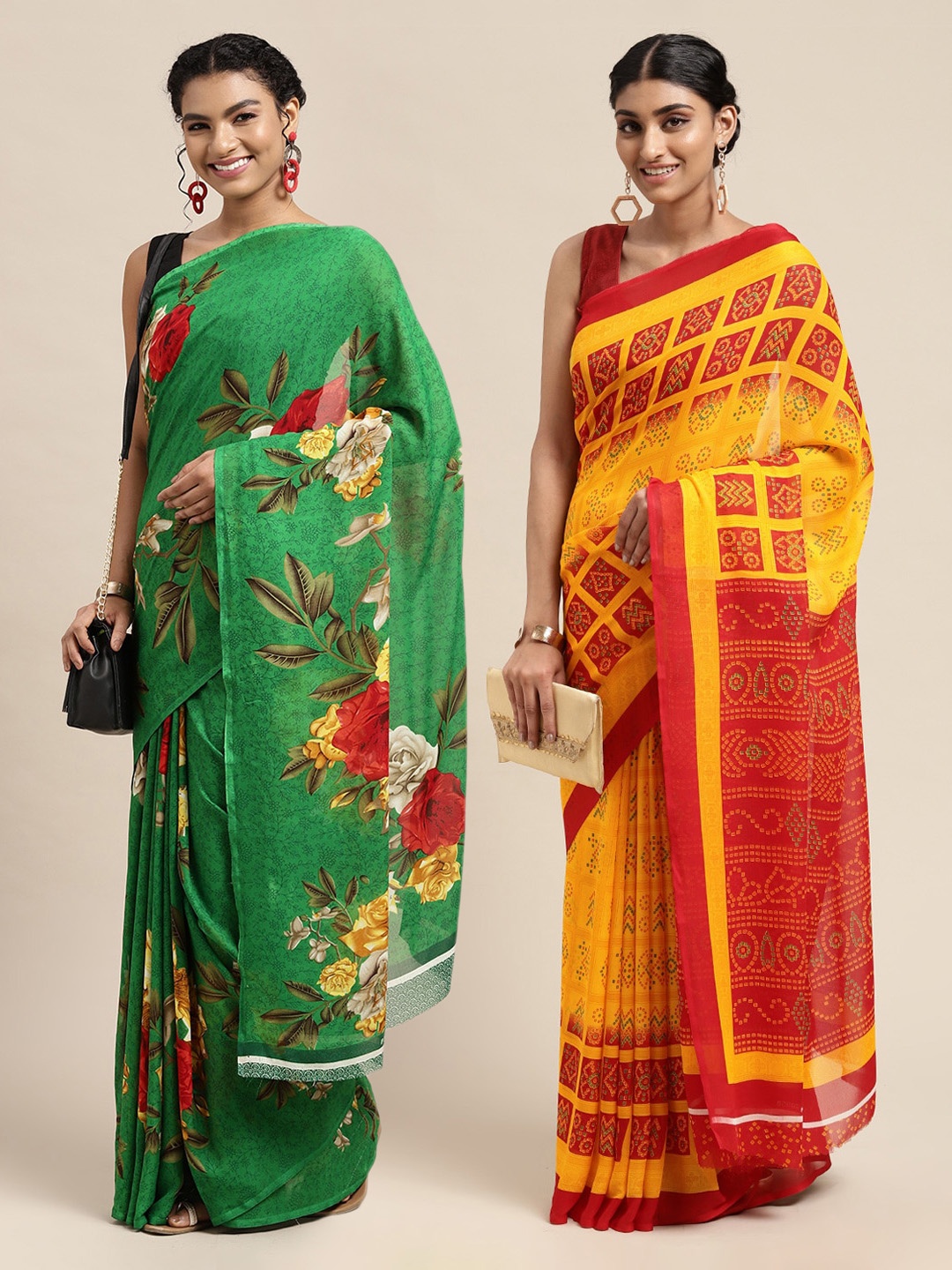 

KALINI Green & Red Set Of 2 Floral Saree