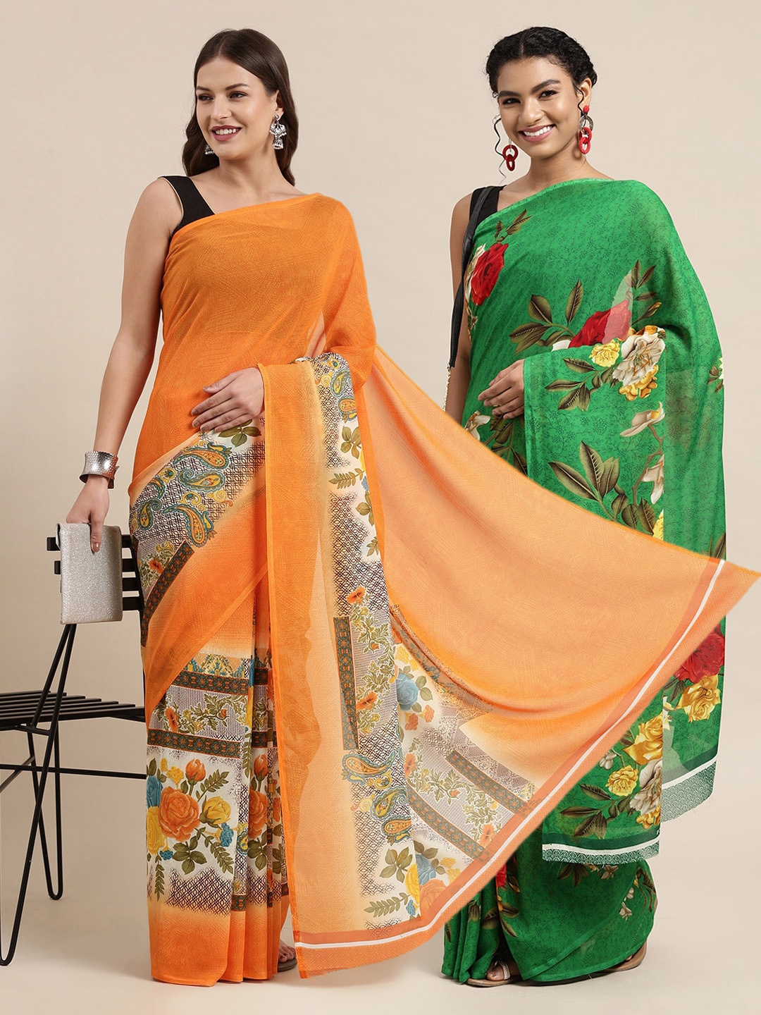 

KALINI Pack of 2 Orange & Green Floral Sarees