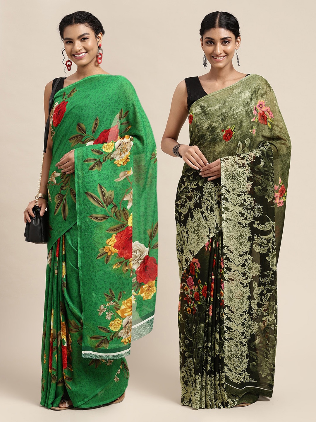 

KALINI Pack Of 2 Green & Red Floral Printed Saree