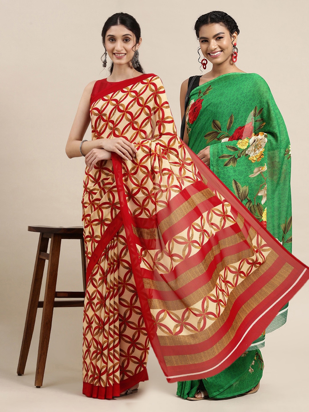 

KALINI Pack of 2 Green & Beige Printed Sarees